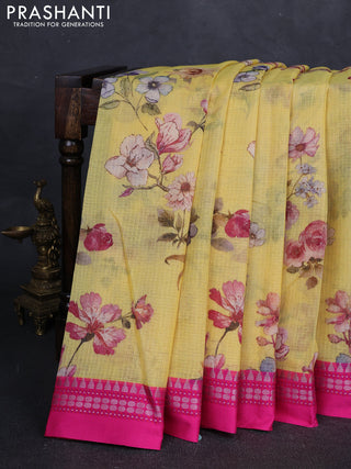 Yellow & Pink  Kota Silk Cotton Saree - Floral Prints