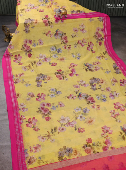 Yellow & Pink  Kota Silk Cotton Saree - Floral Prints