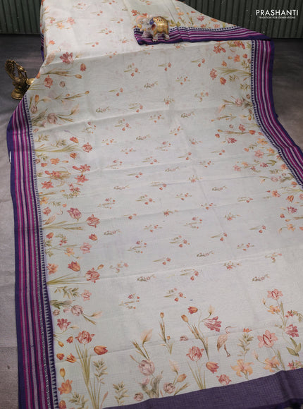 Pastel Blue & Maroon Kota Silk Cotton Saree - Floral Prints