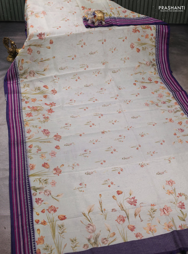 Pastel Blue & Maroon Kota Silk Cotton Saree - Floral Prints