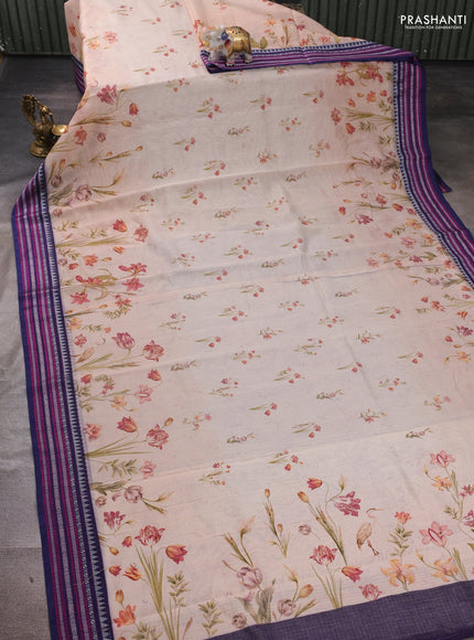Peach & Navy Blue Kota Silk Cotton Saree - Floral Prints