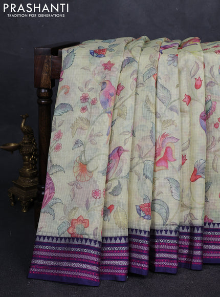 Pista Green & Navy Blue Kota Silk Cotton Saree -Floral Prints