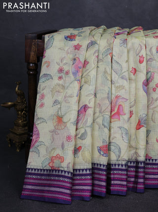 Pista Green & Navy Blue Kota Silk Cotton Saree -Floral Prints