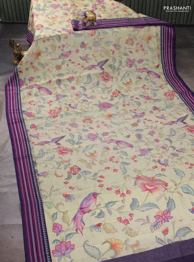 Pista Green & Navy Blue Kota Silk Cotton Saree -Floral Prints