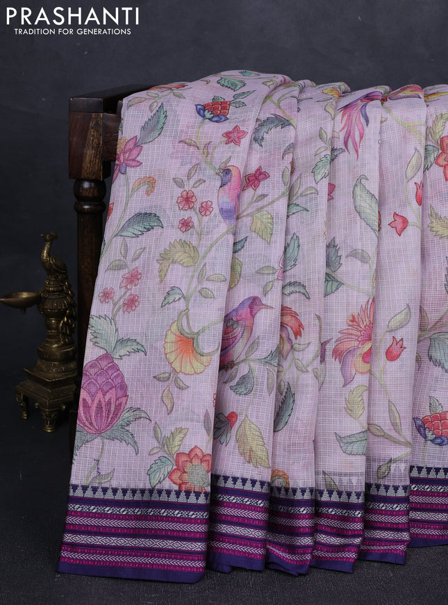 Pink & Navy Blue Kota Silk Cotton Saree - Floral Prints