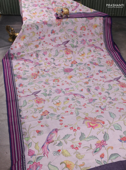 Pink & Navy Blue Kota Silk Cotton Saree - Floral Prints