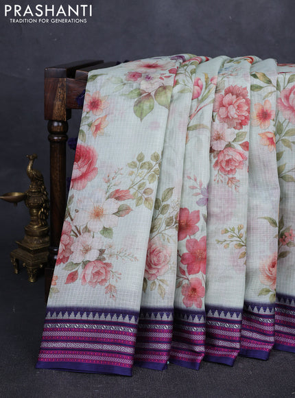Pastel Green & Navy Blue Kota Silk Cotton Saree - Floral Prints