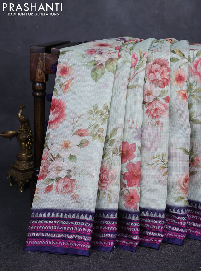 Pastel Green & Navy Blue Kota Silk Cotton Saree - Floral Prints