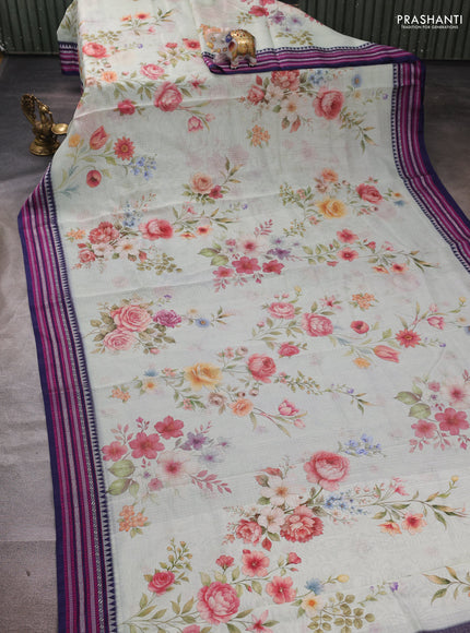 Pastel Green & Navy Blue Kota Silk Cotton Saree - Floral Prints