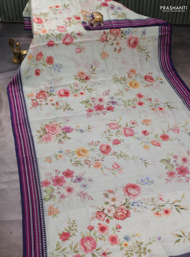 Pastel Green & Navy Blue Kota Silk Cotton Saree - Floral Prints