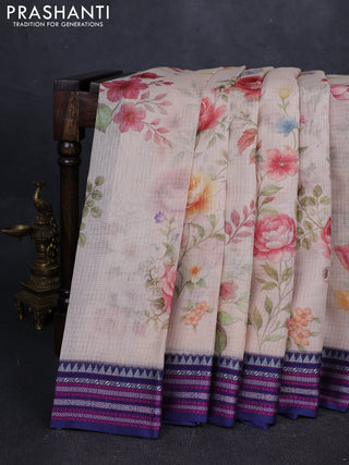 Pista Green & Navy Blue Kota Silk Cotton Saree - Floral Prints
