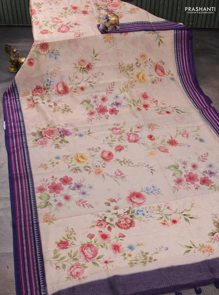 Pista Green & Navy Blue Kota Silk Cotton Saree - Floral Prints