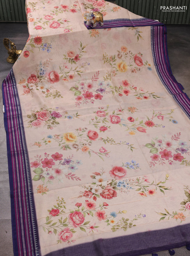 Pista Green & Navy Blue Kota Silk Cotton Saree - Floral Prints