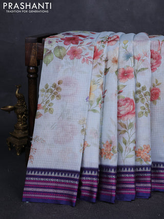 Pink & Navy Blue Kota Silk Cotton Saree - Floral Prints