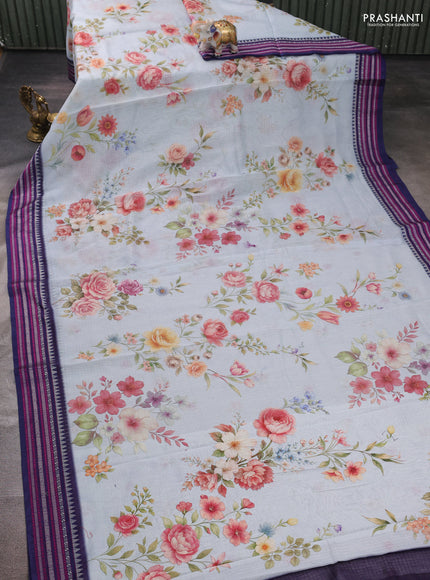 Pink & Navy Blue Kota Silk Cotton Saree - Floral Prints
