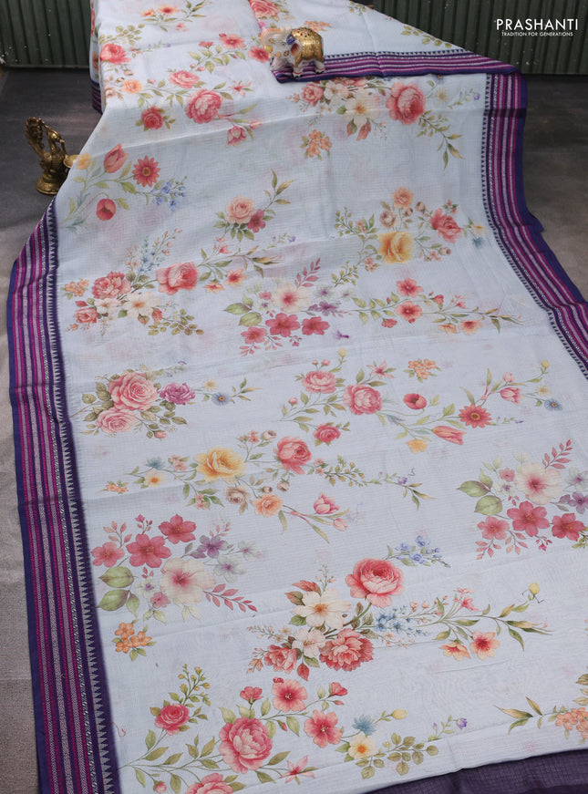 Pink & Navy Blue Kota Silk Cotton Saree - Floral Prints