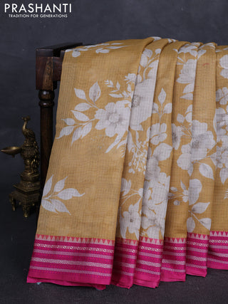 Pastel Blue & Navy Blue Kota Silk Cotton Saree - Floral Prints