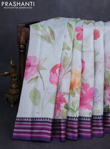 Pastel Blue & Navy Blue Kota Silk Cotton Saree - Floral Prints