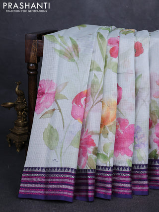Pastel Blue & Navy Blue Kota Silk Cotton Saree - Floral Prints