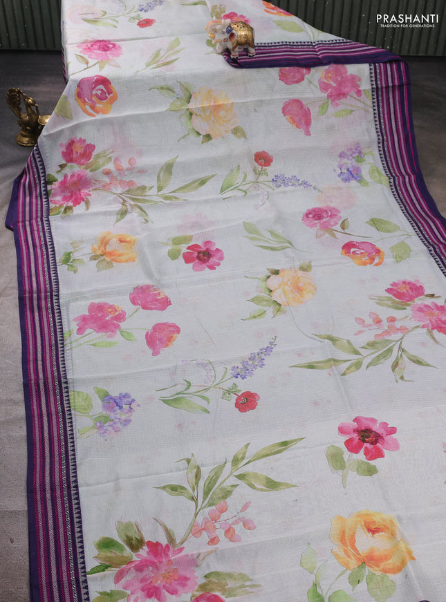 Pastel Blue & Navy Blue Kota Silk Cotton Saree - Floral Prints
