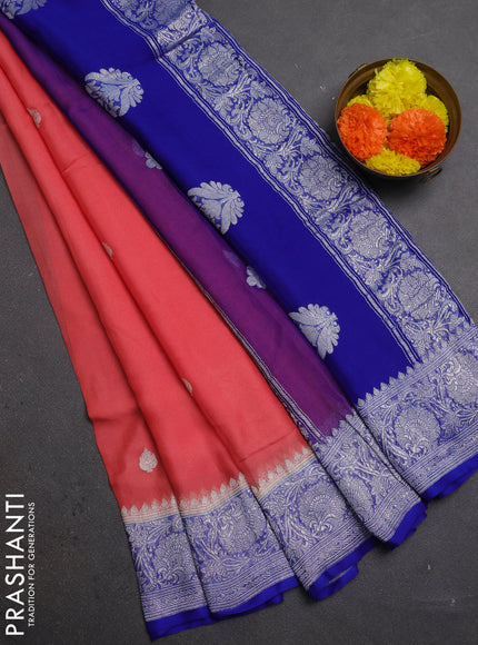 Peach & Blue Banarasi Chiffon Saree - Buttas