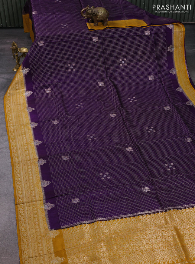 Violet & Mustard Yellow Dola Silk - Checks