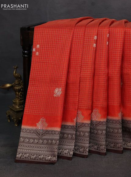 Orange & Coffee Brown Dola Silk - Checks