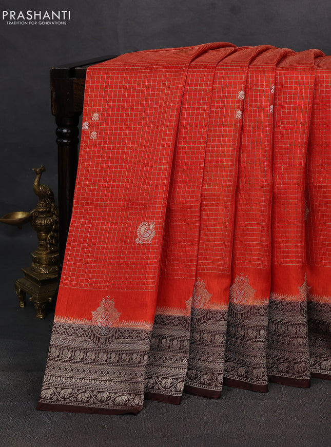 Orange & Coffee Brown Dola Silk - Checks