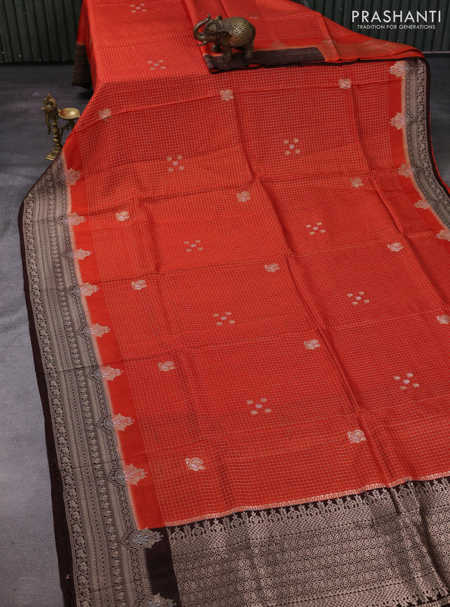 Orange & Coffee Brown Dola Silk - Checks