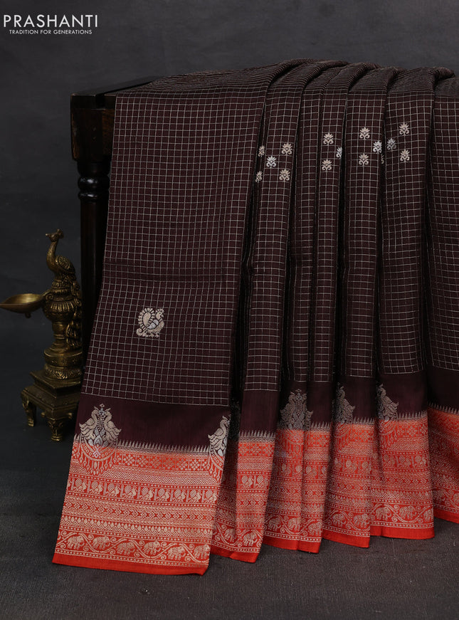 Coffee Brown & Orange Dola Silk - Checks