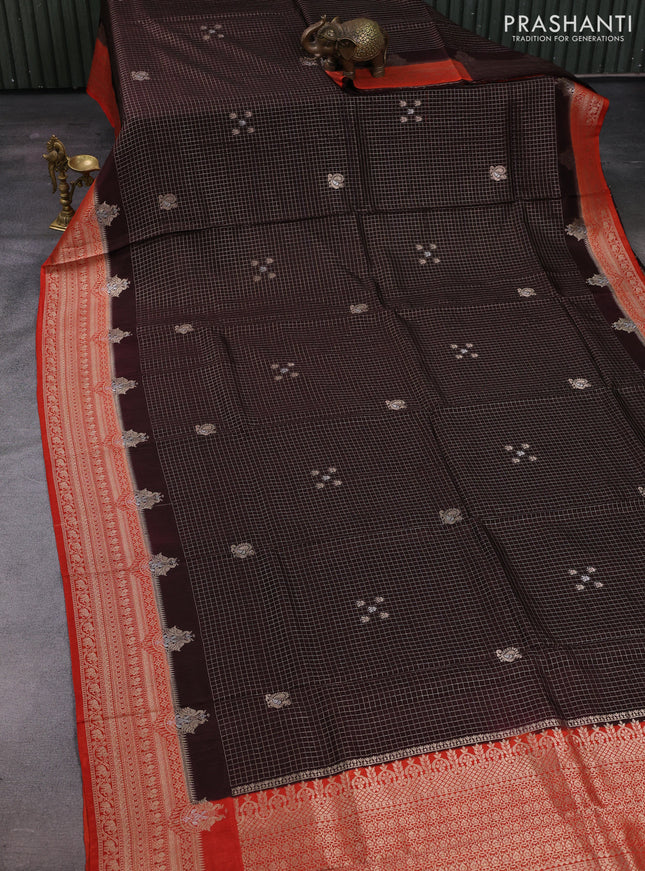 Coffee Brown & Orange Dola Silk - Checks