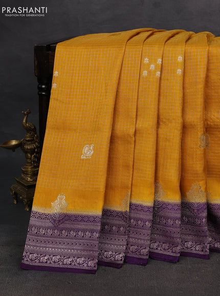 Mustard Yellow & Purple Dola Silk - Checks