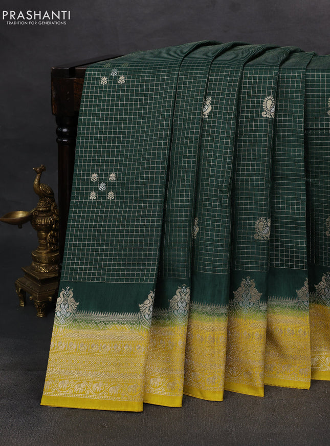 Bottle Green & Mustard Yellow Dola Silk - Checks