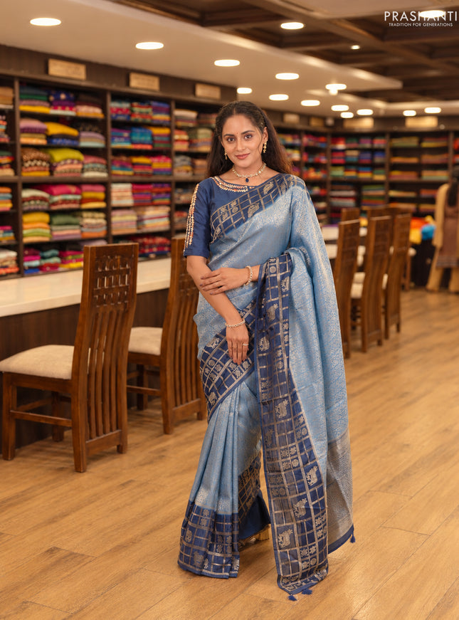 Blue & Peacock Blue Dola Silk - Brocade