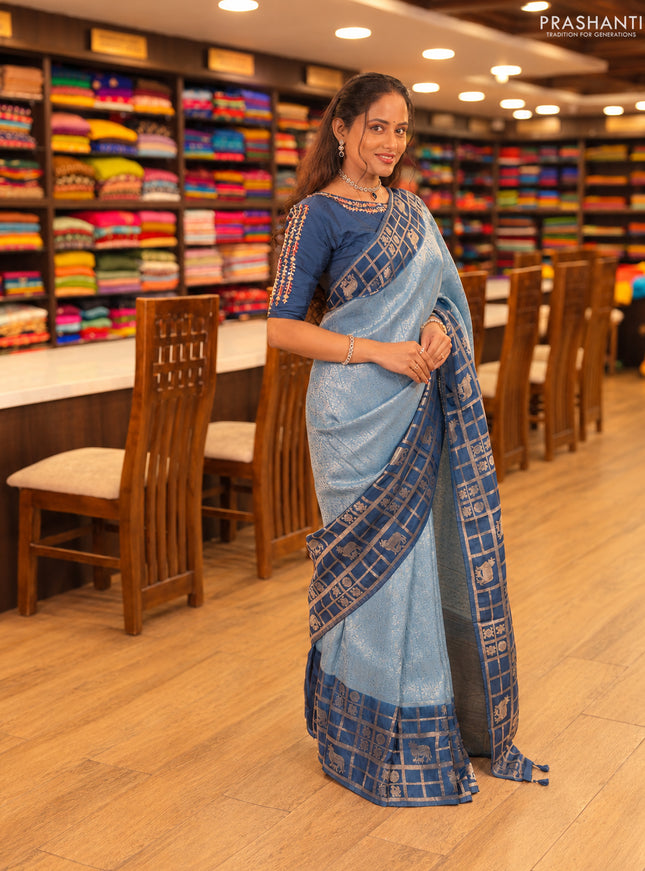 Blue & Peacock Blue Dola Silk - Brocade