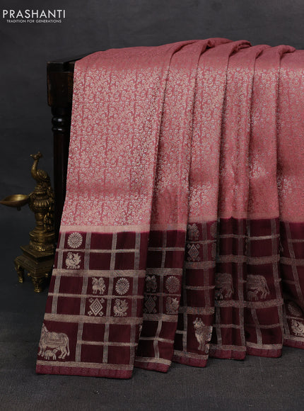 Peach & Coffee Brown Dola Silk - Brocade
