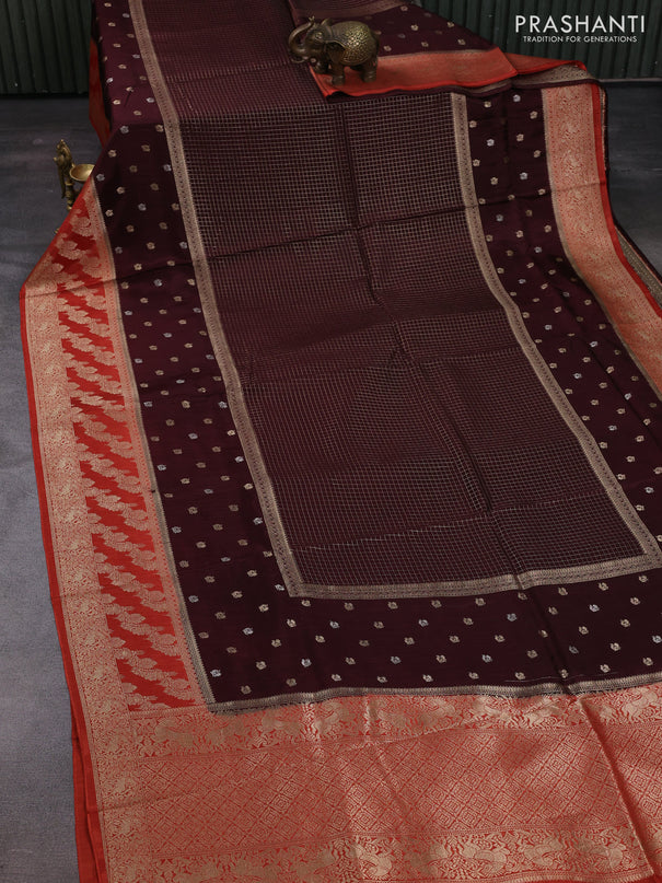 Coffee Brown & Orange Dola Silk - Checks