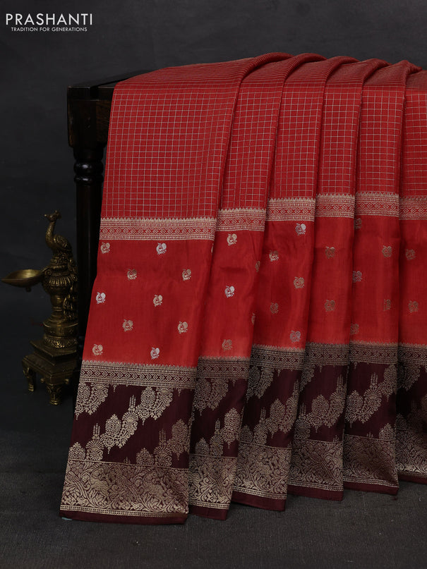 Orange & Coffee Brown Dola Silk - Checks