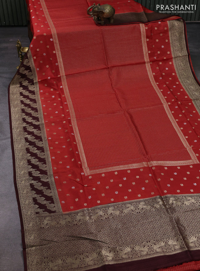Orange & Coffee Brown Dola Silk - Checks