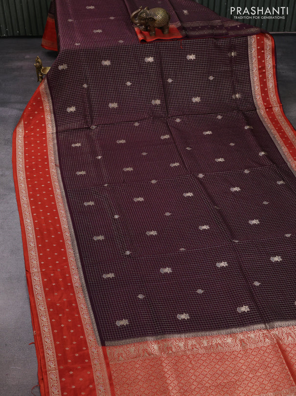 Coffee Brown & Orange Dola Silk - Checks