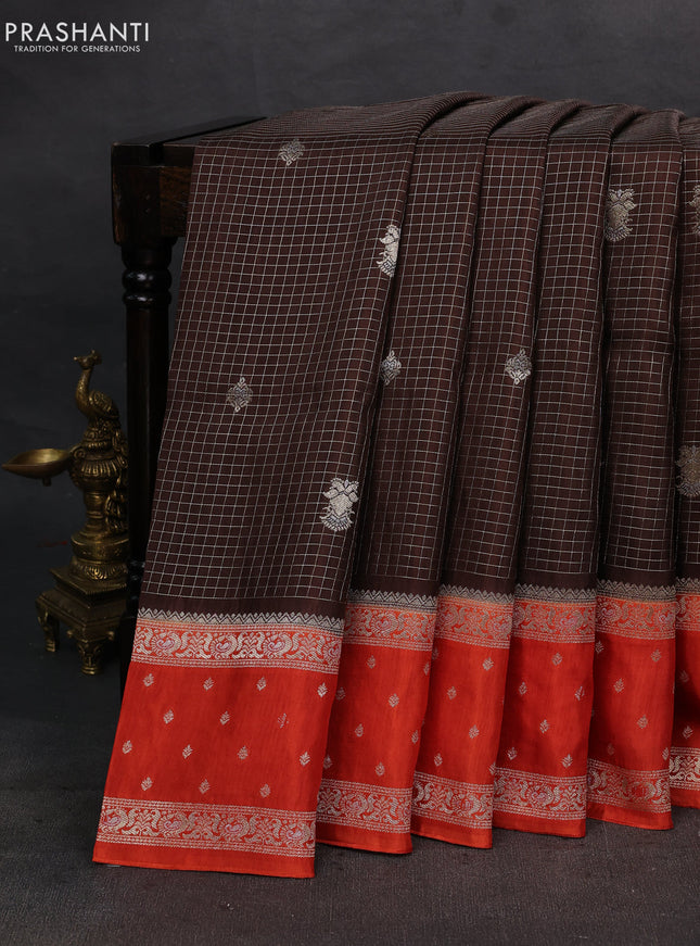 Coffee Brown & Orange Dola Silk - Checks