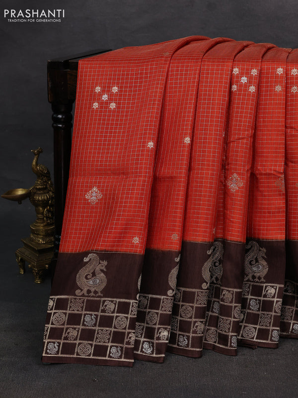 Orange & Coffee Brown Dola Silk - Checks