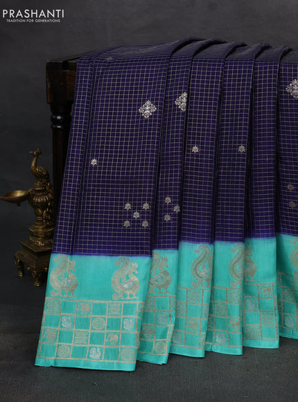 Navy Blue & Teal Green Dola Silk - Checks