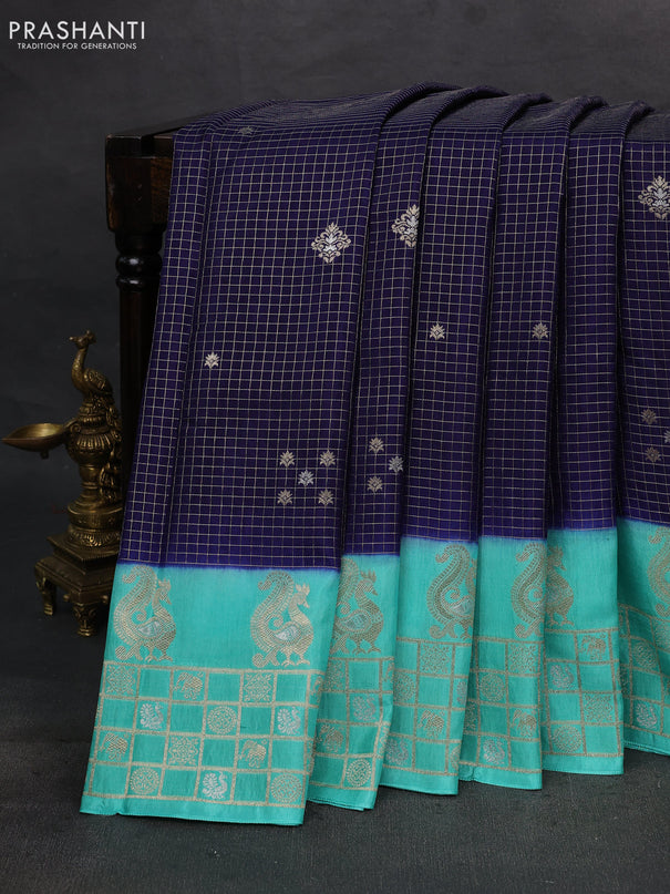 Navy Blue & Teal Green Dola Silk - Checks