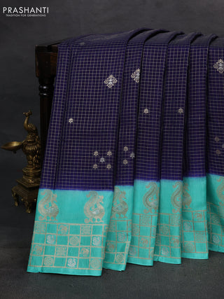 Navy Blue & Teal Green Dola Silk - Checks