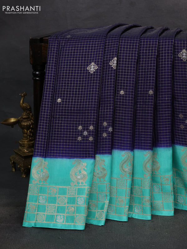 Navy Blue & Teal Green Dola Silk - Checks