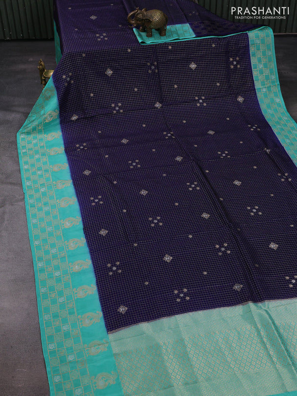 Navy Blue & Teal Green Dola Silk - Checks