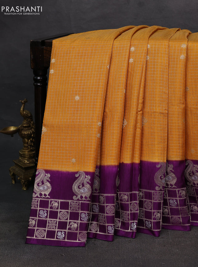 Mustard Yellow & Purple Dola Silk - Checks