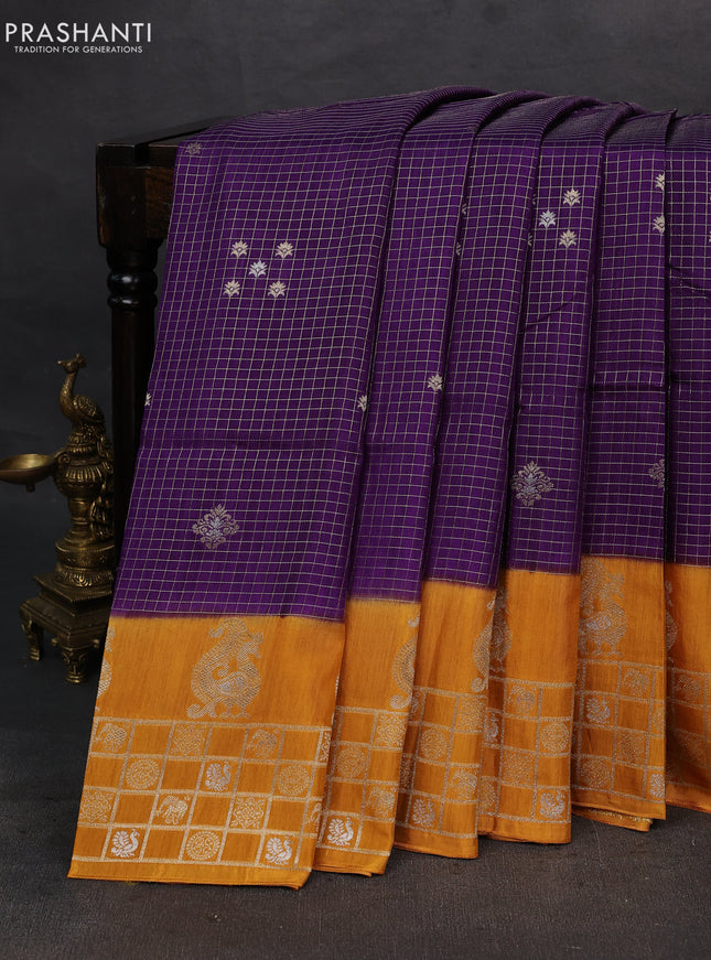 Violet & Mustard Yellow Dola Silk - Checks
