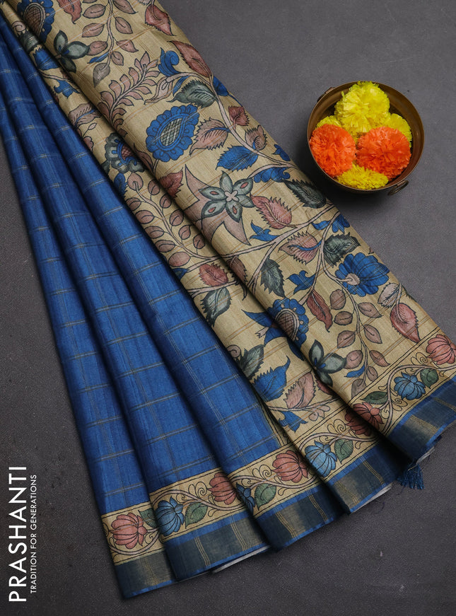 Blue & Beige Semi Tussar Saree - Kalamkari Prints